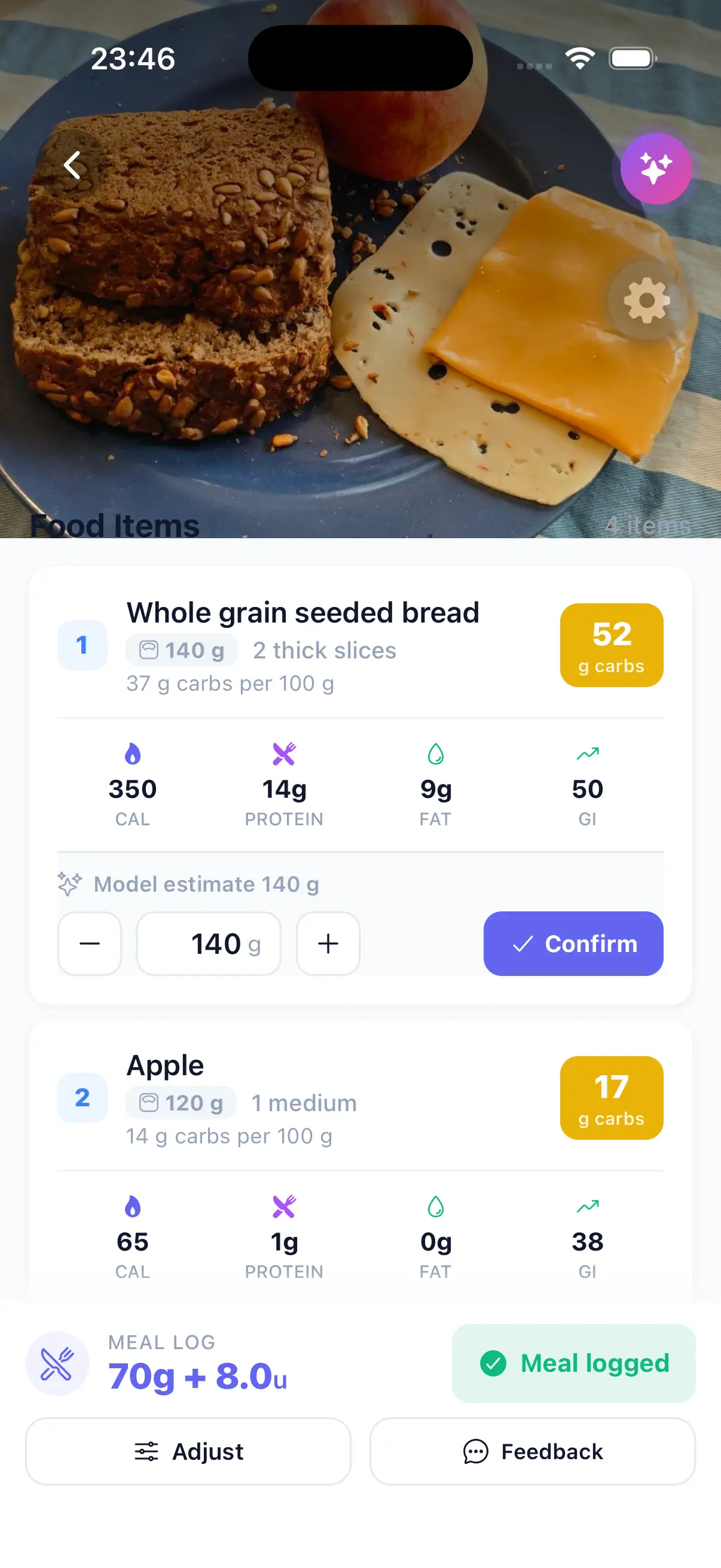 GlucIQ food-item card showing whole grain seeded bread at an assumed 140 grams and an apple at 120 grams, each with a grams control and a confirm button.