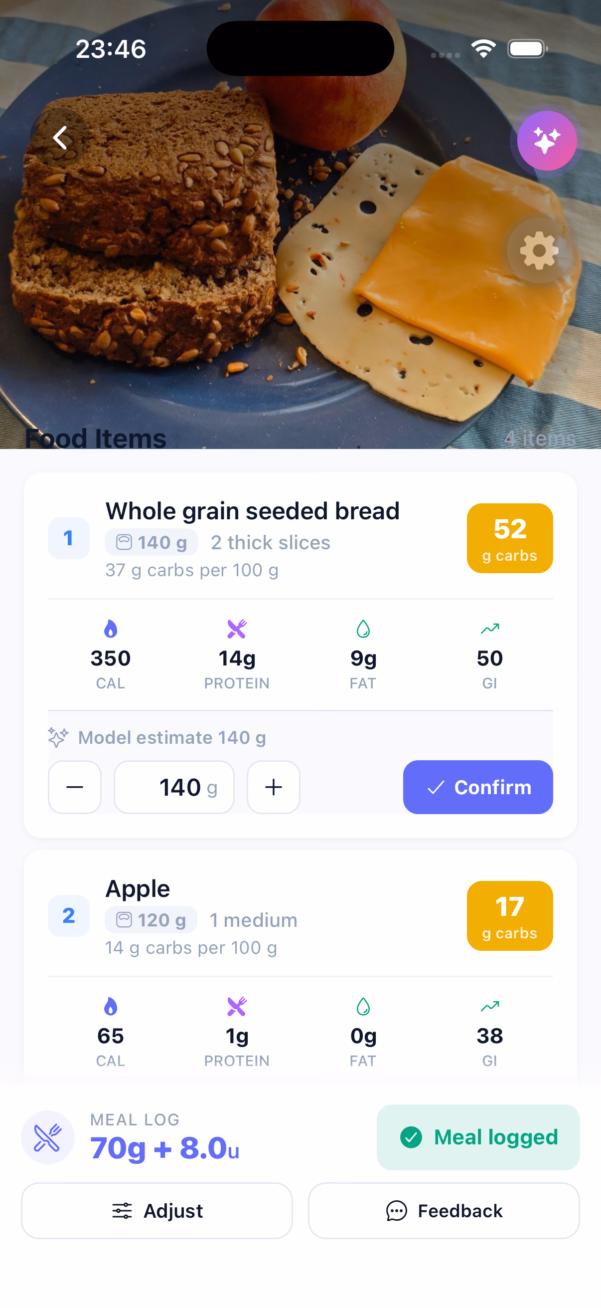GlucIQ food-item card showing whole grain seeded bread at an assumed 140 grams and an apple at 120 grams, each with a grams control and a confirm button