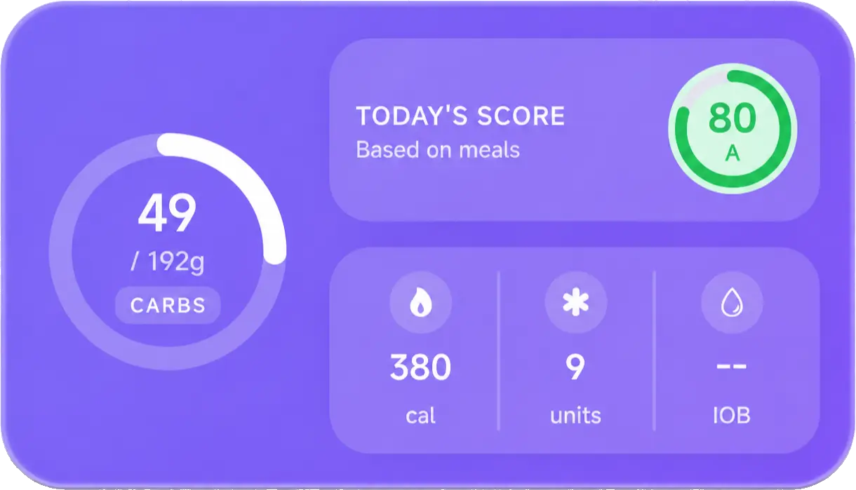 GlucIQ daily score widget showing a score of 80, 49 of 192 grams of carbohydrate, 380 calories, 9 insulin units and an empty insulin-on-board value.