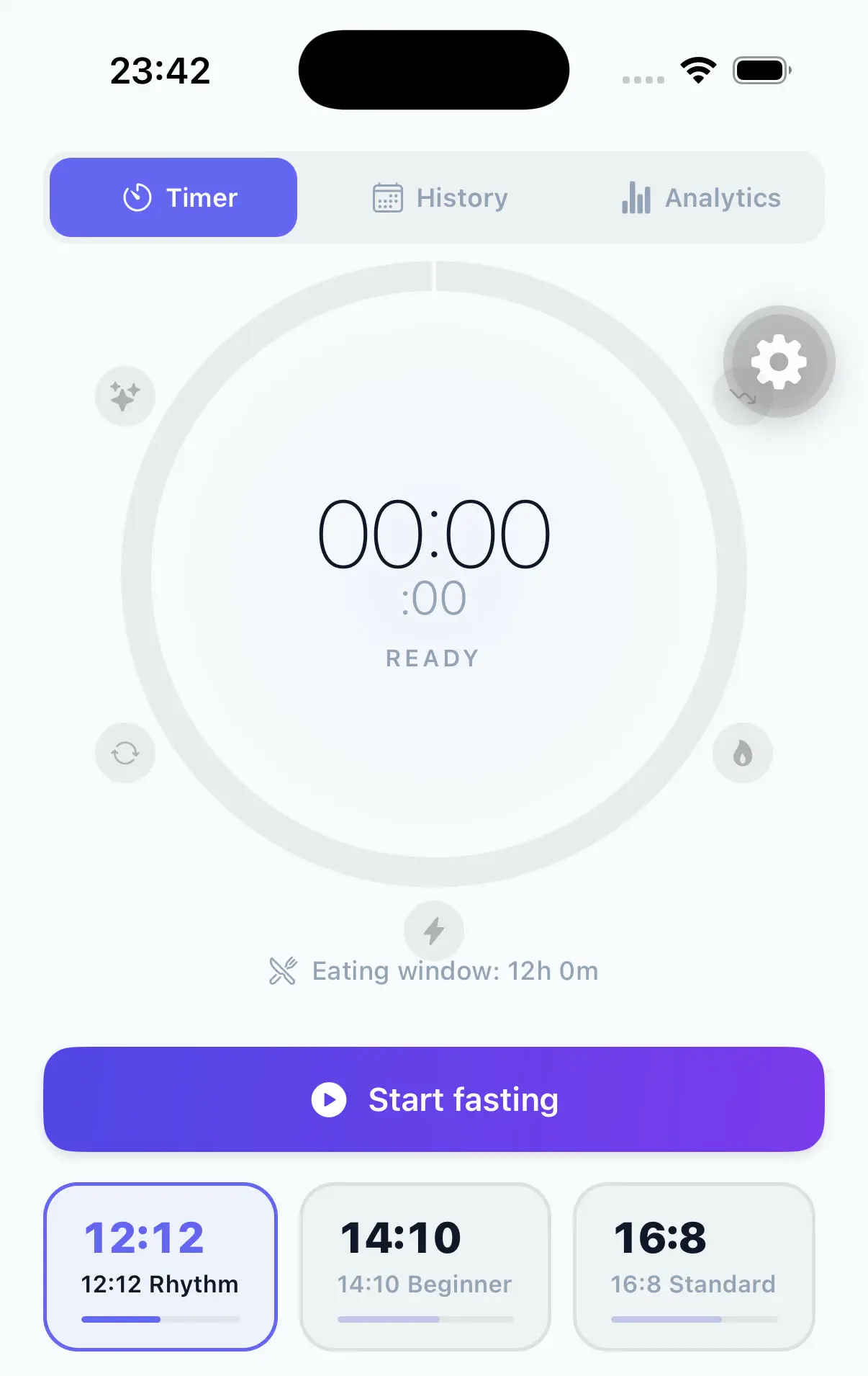 GlucIQ fasting screen in the ready state with a 00:00 timer, a Start fasting button and the 12:12, 14:10 and 16:8 preset cards.