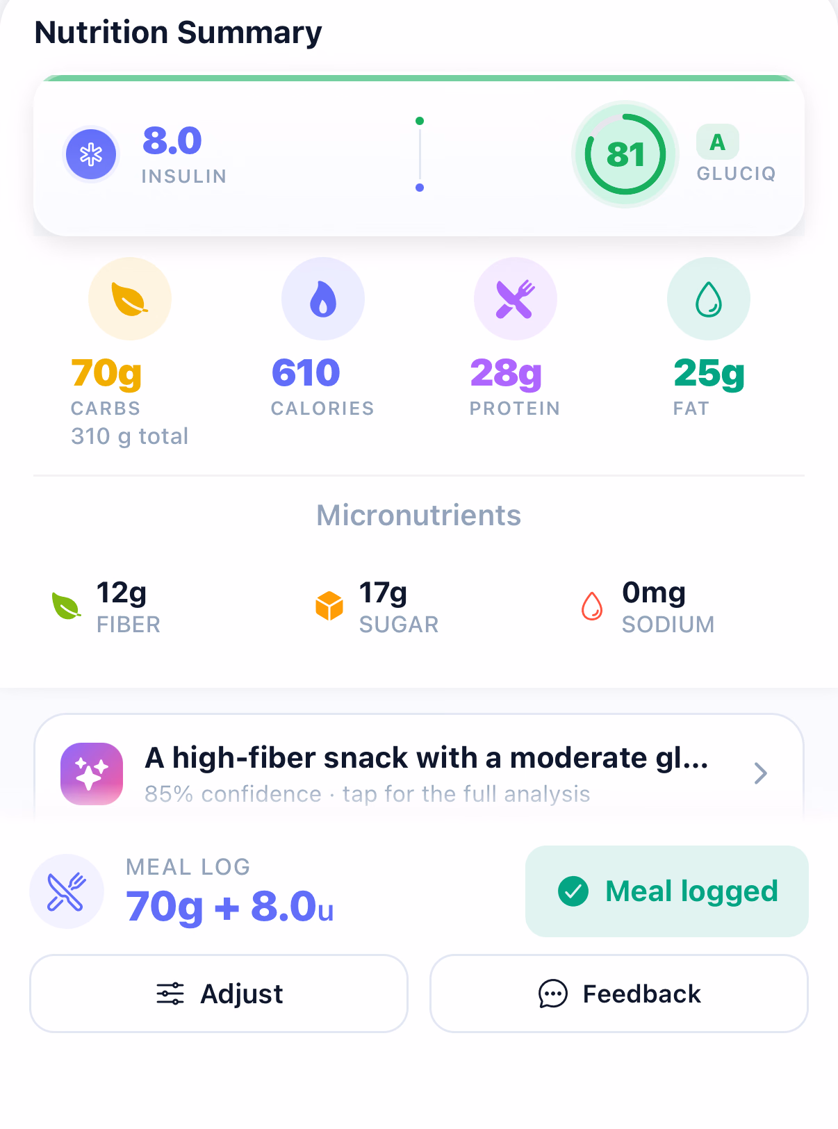 GlucIQ editable nutrition summary with macros and meal score