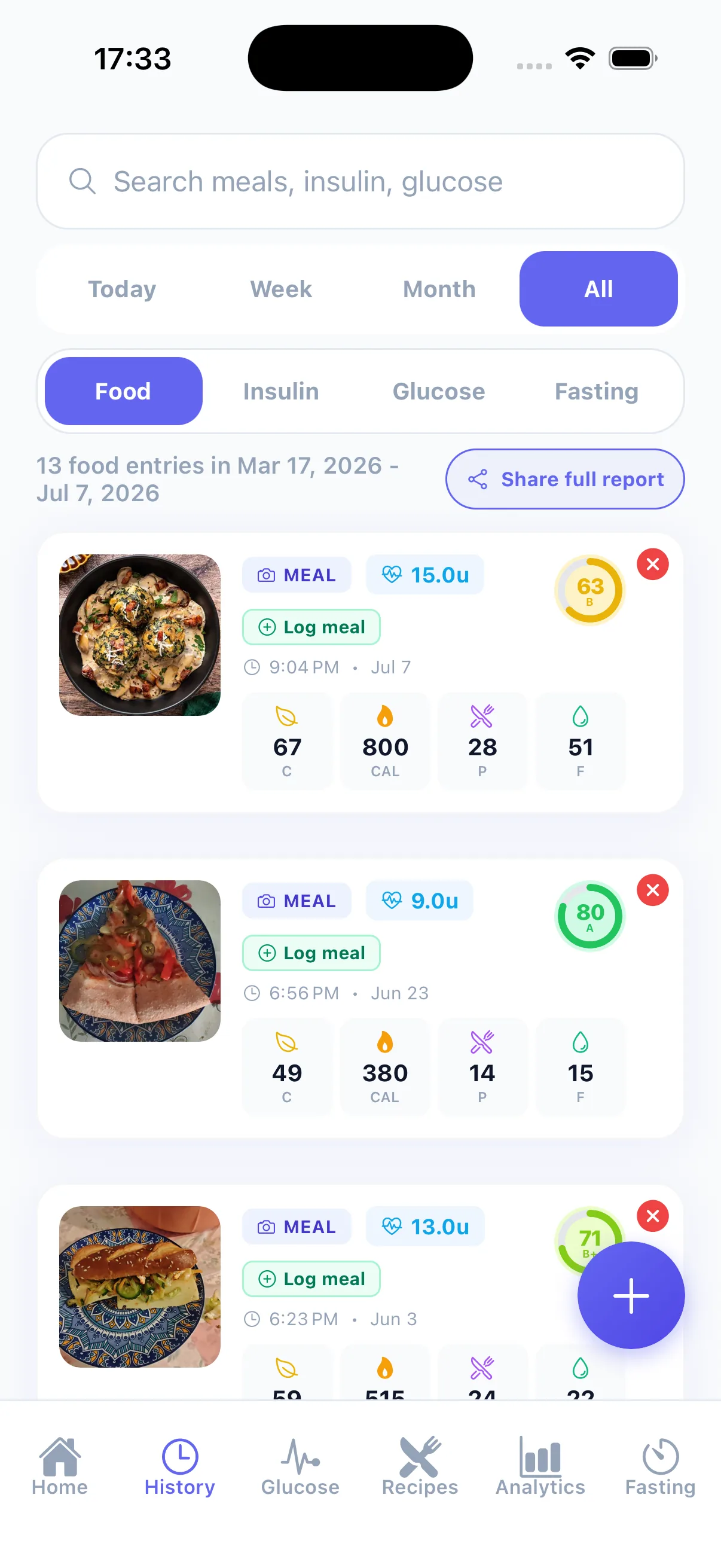 GlucIQ home screen with a glucose trend and recent logged meals